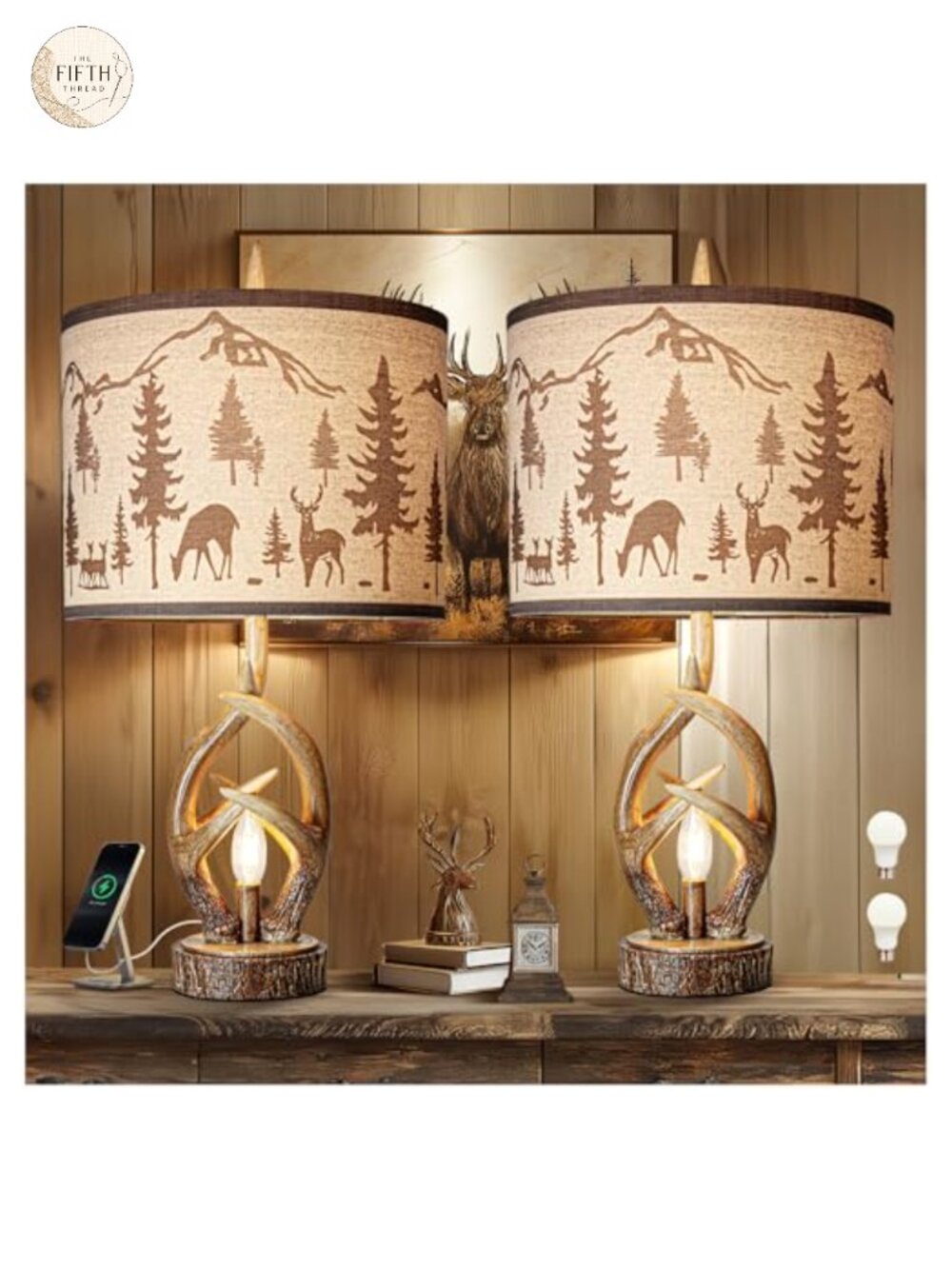 Rustic Wood Antler Table Lamp Set of 2 with Night Light